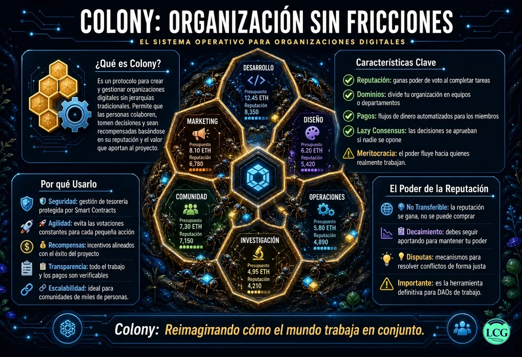 Infograf&iacute;a explicativa sobre Colony en blockchain y crypto