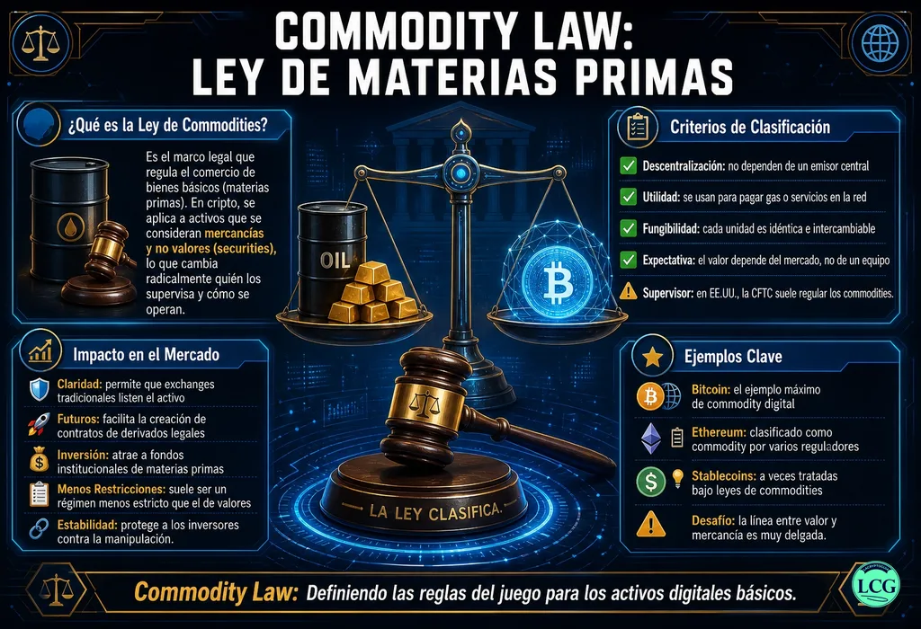Infograf&iacute;a explicativa sobre Commodity Law en blockchain y crypto