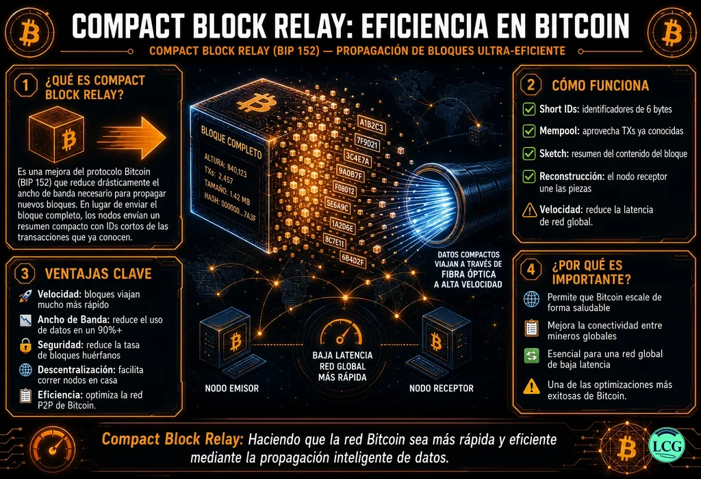 Infograf&iacute;a explicativa sobre Compact Block Relay en blockchain y crypto