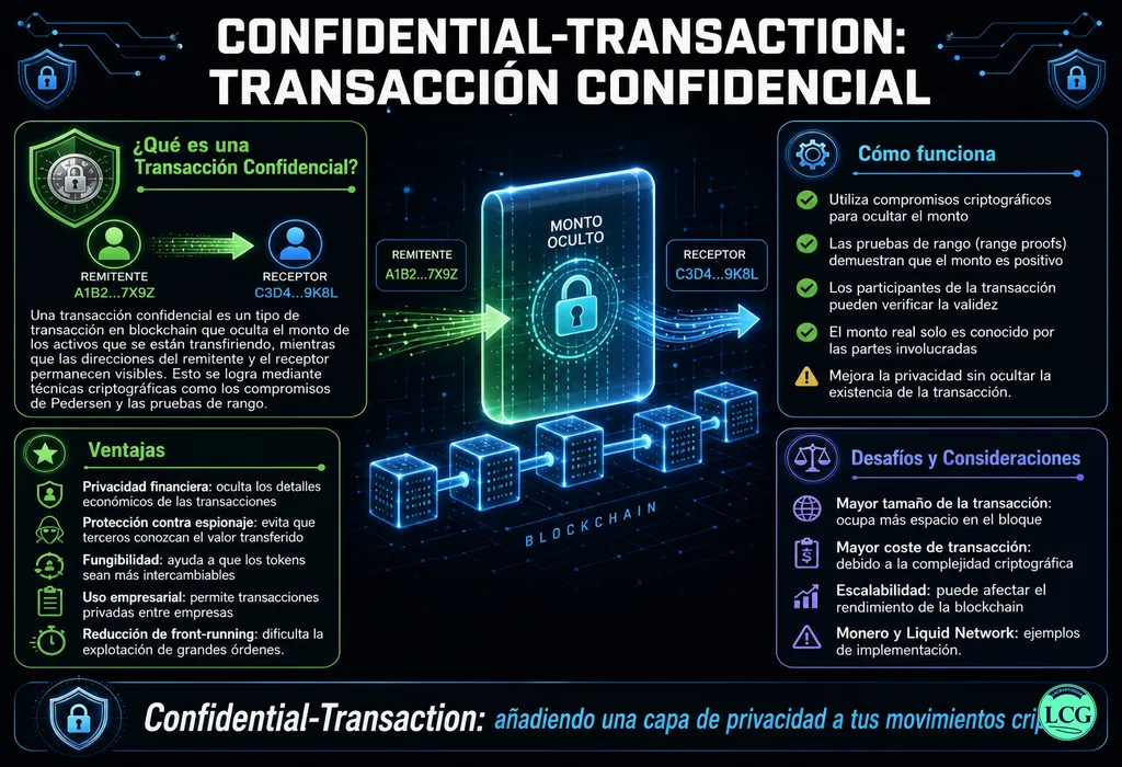 Infograf&iacute;a explicativa sobre Confidential Transaction en blockchain y crypto