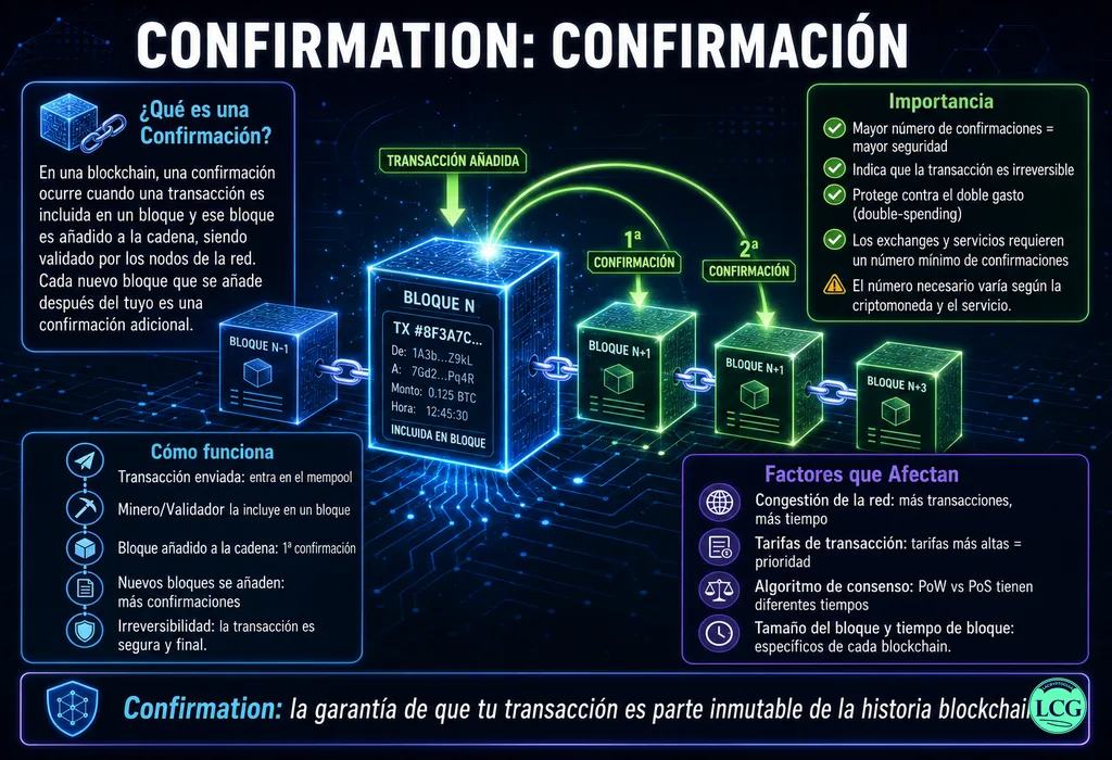 Infograf&iacute;a explicativa sobre Confirmation en blockchain y crypto
