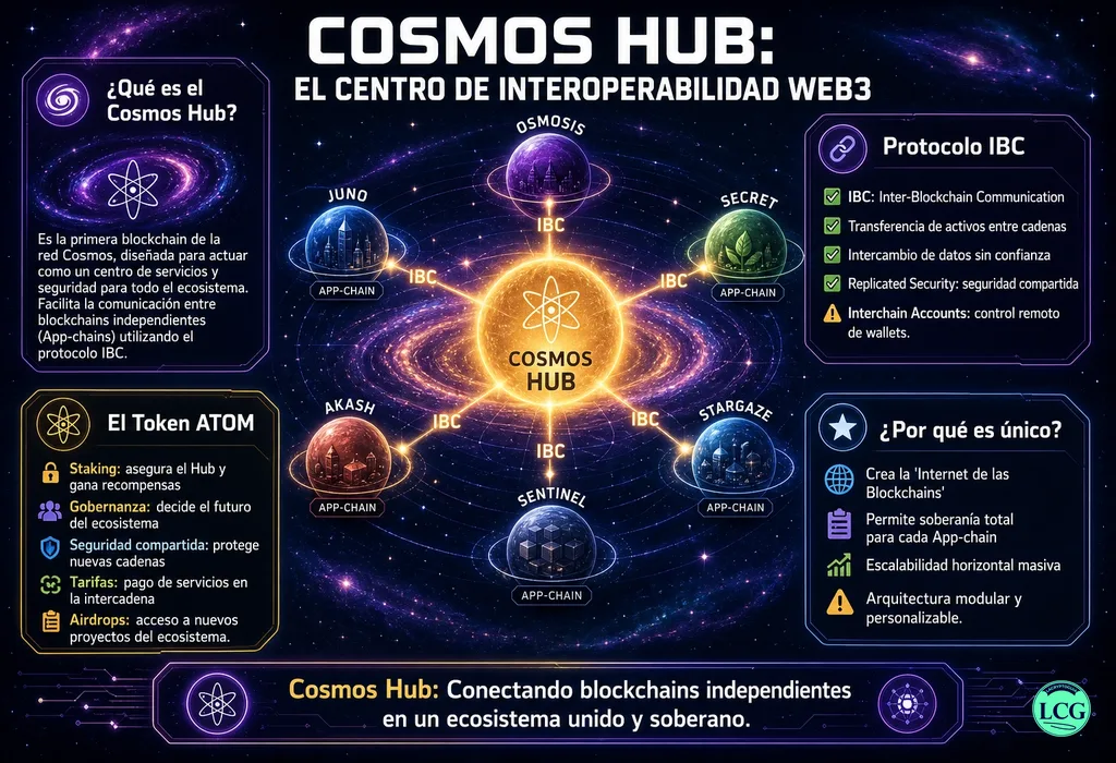 Infograf&iacute;a explicativa sobre Cosmos Hub en blockchain y crypto