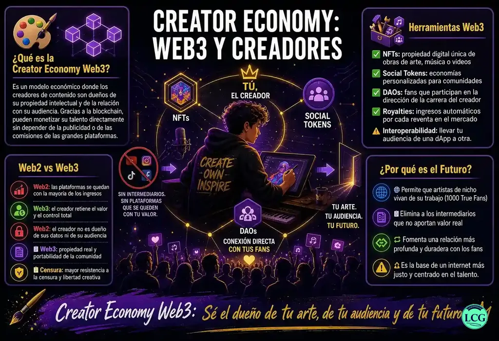 Infografía explicativa sobre Creator Economy Web3 en blockchain y crypto