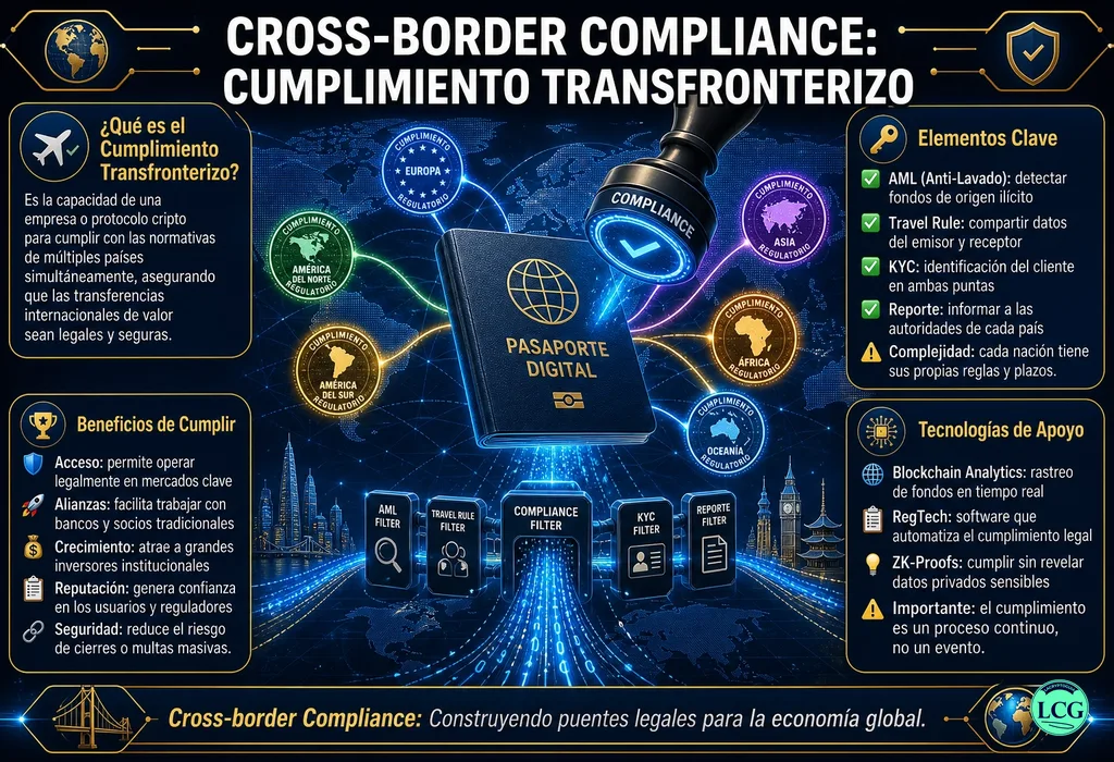 Infograf&iacute;a explicativa sobre Cross Border Compliance en blockchain y crypto
