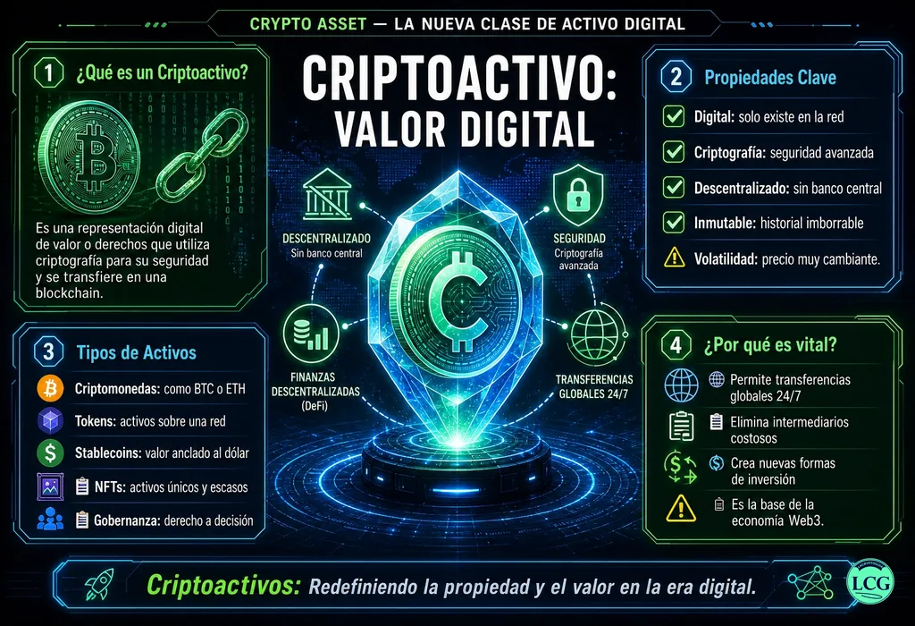 Infograf&iacute;a explicativa sobre Crypto Asset en blockchain y crypto