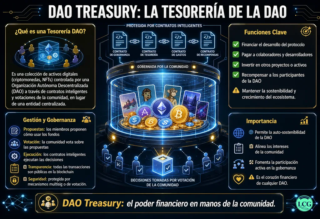 Infograf&iacute;a explicativa sobre Dao Treasury en blockchain y crypto