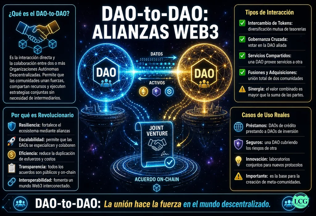 Infograf&iacute;a explicativa sobre Dao To Dao en blockchain y crypto