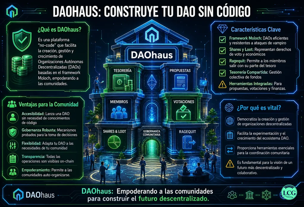 Infograf&iacute;a explicativa sobre Daohaus en blockchain y crypto