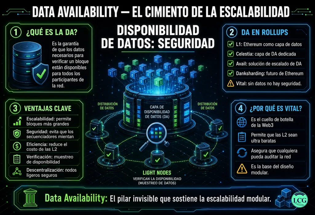 Infograf&iacute;a explicativa sobre Data Availability en blockchain y crypto