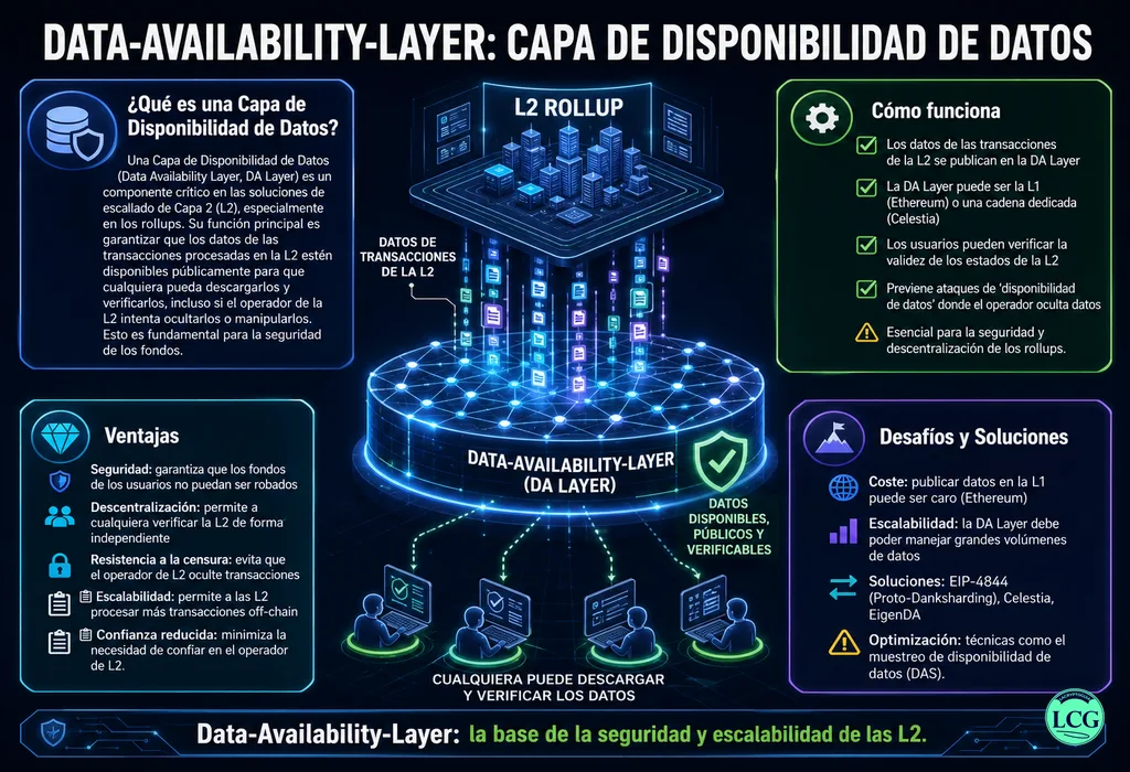 Infograf&iacute;a explicativa sobre Data Availability Layer en blockchain y crypto