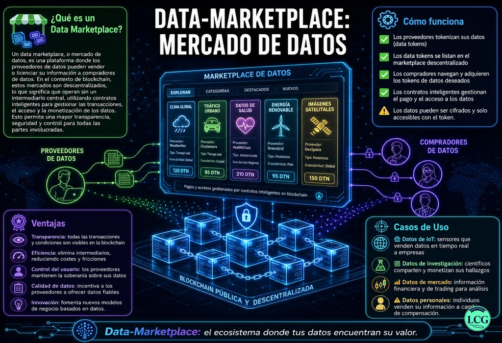 Infograf&iacute;a explicativa sobre Data Marketplace en blockchain y crypto