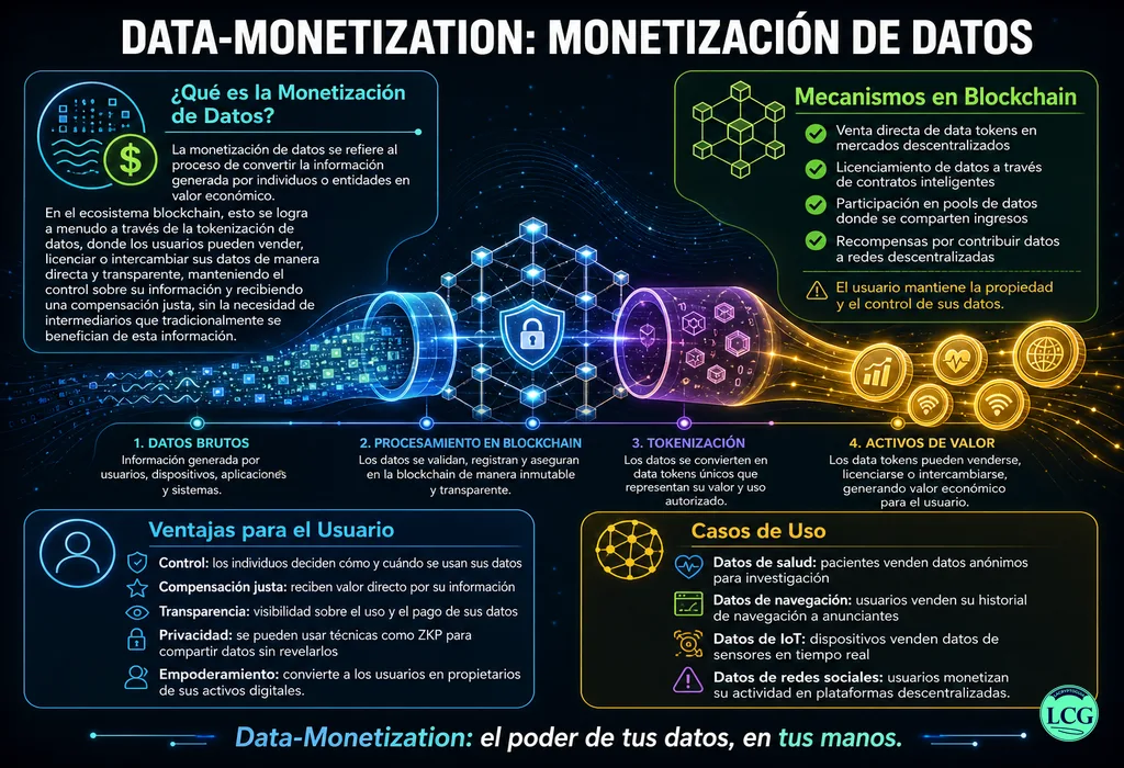 Infograf&iacute;a explicativa sobre Data Monetization en blockchain y crypto