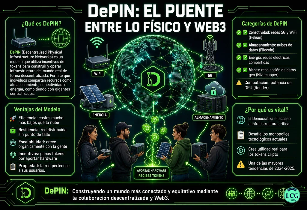 Infograf&iacute;a explicativa sobre Depin Marketplace en blockchain y crypto