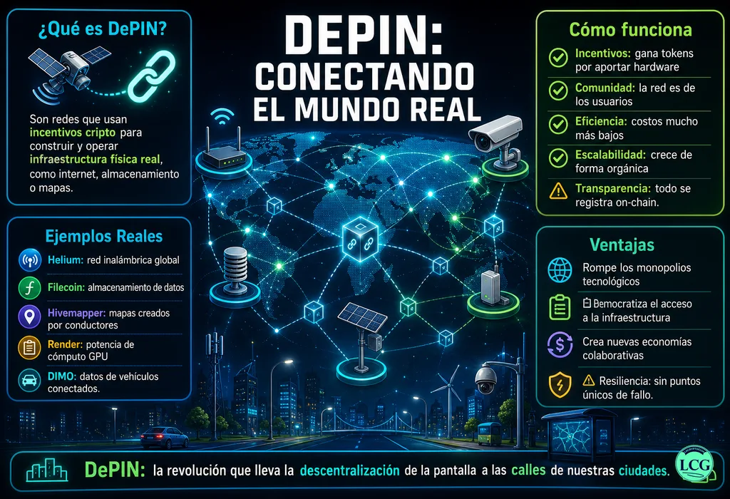 Infograf&iacute;a explicativa sobre Depin en blockchain y crypto