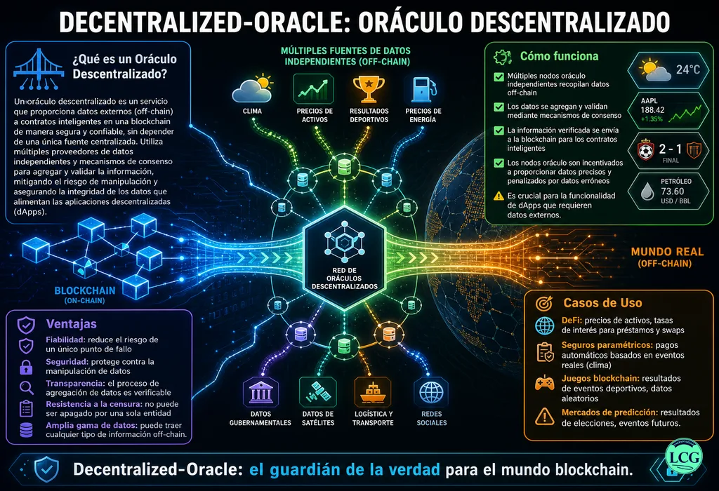 Infograf&iacute;a explicativa sobre Decentralized Oracle en blockchain y crypto
