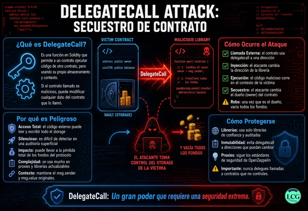 Infograf&iacute;a explicativa sobre Delegate Call Attack en blockchain y crypto