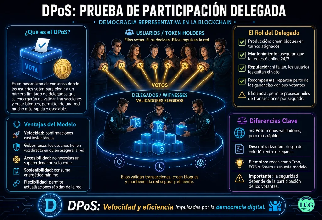Infograf&iacute;a explicativa sobre Delegated Proof Of Stake (Dpos) en blockchain y crypto