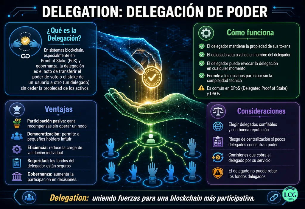 Infograf&iacute;a explicativa sobre Delegation en blockchain y crypto