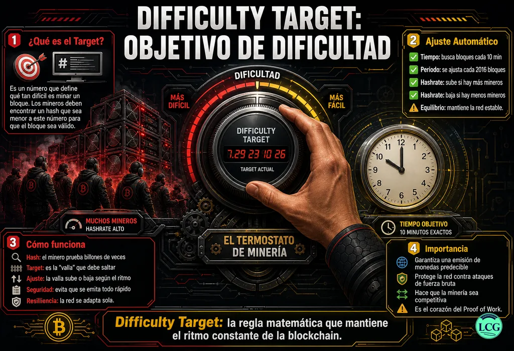 Infograf&iacute;a explicativa sobre Difficulty Target en blockchain y crypto