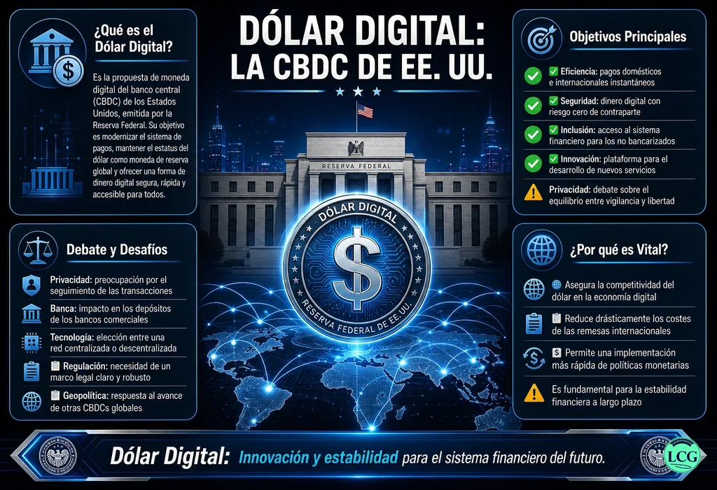 Infograf&iacute;a explicativa sobre Digital Dollar en blockchain y crypto