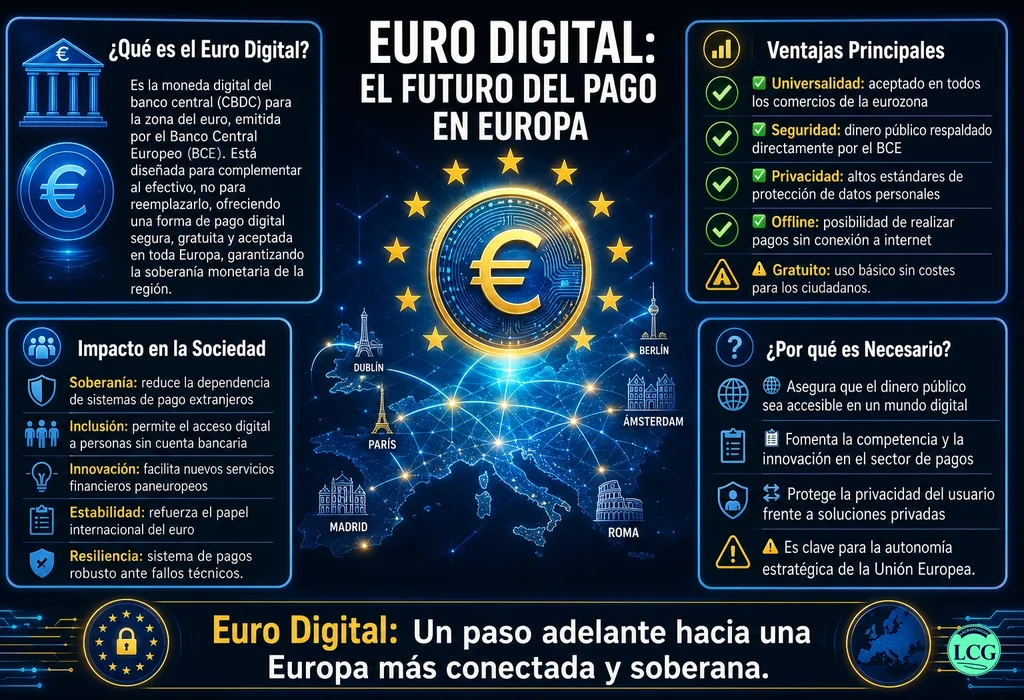 Infograf&iacute;a explicativa sobre Digital Euro en blockchain y crypto