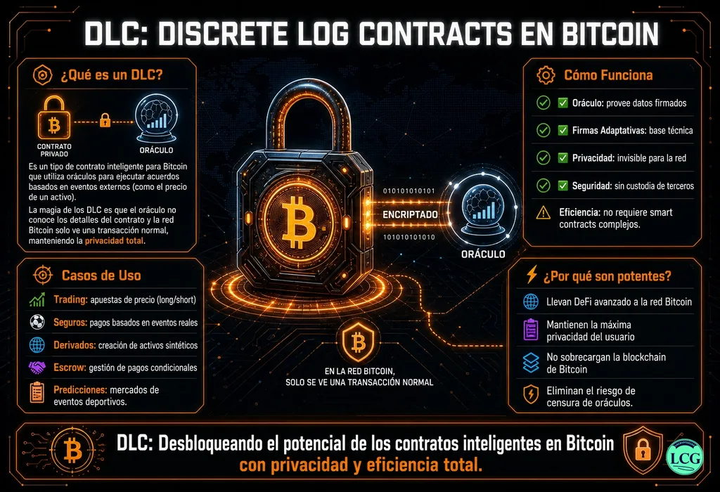 Infograf&iacute;a explicativa sobre Discrete Log Contract (Dlc) en blockchain y crypto