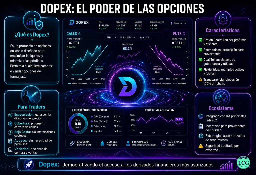 Infograf&iacute;a explicativa sobre Dopex en blockchain y crypto