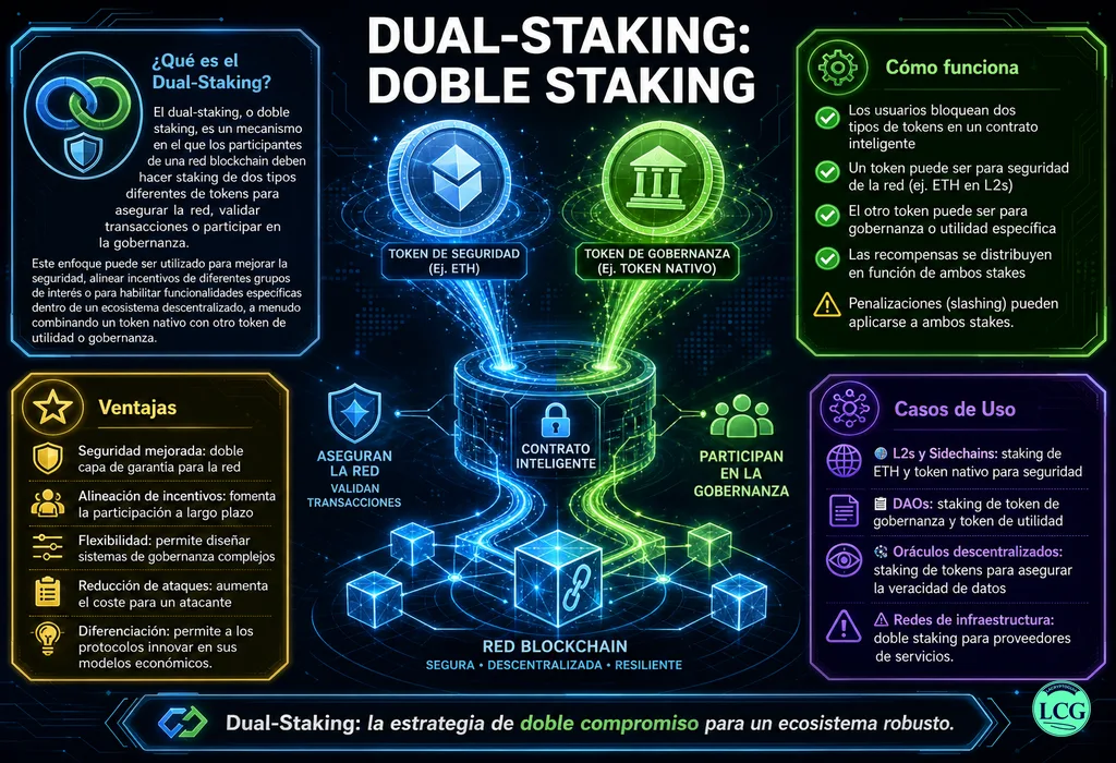 Infografía explicativa sobre Dual Staking en blockchain y crypto