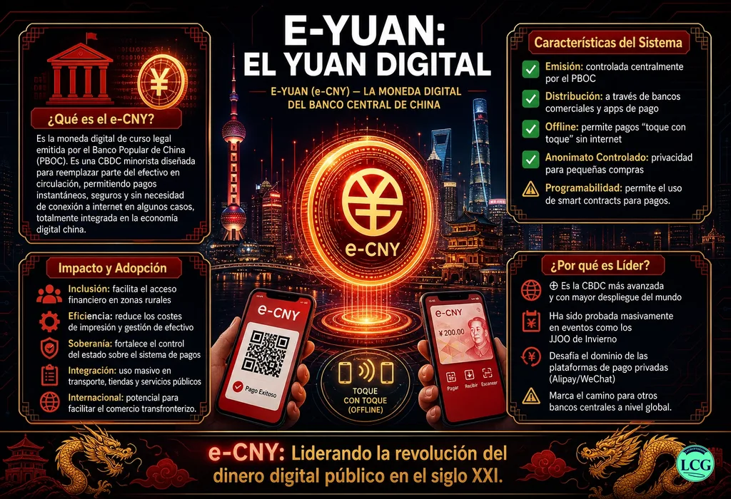 Infografía explicativa sobre E Yuan en blockchain y crypto