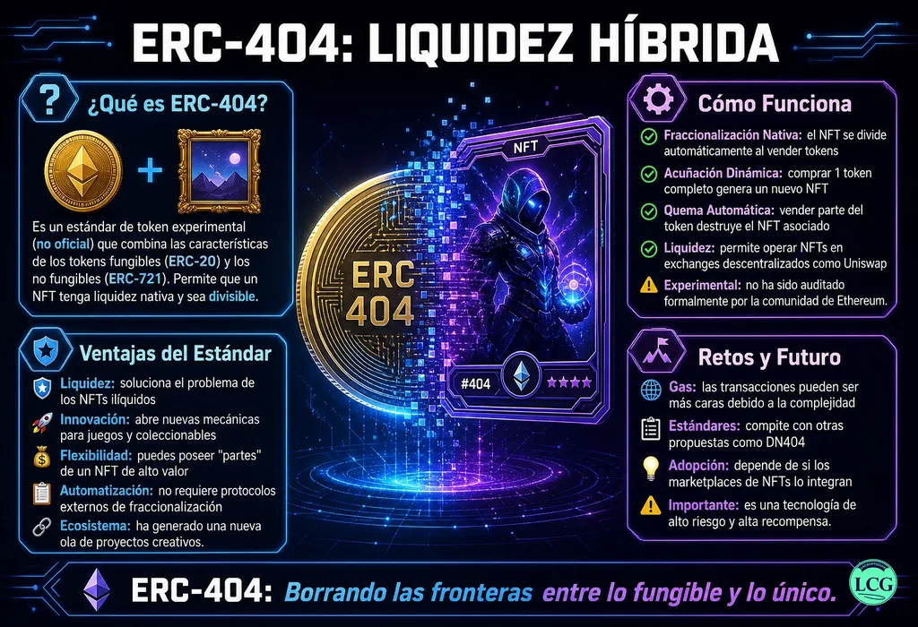 Infograf&iacute;a explicativa sobre Erc 404 en blockchain y crypto