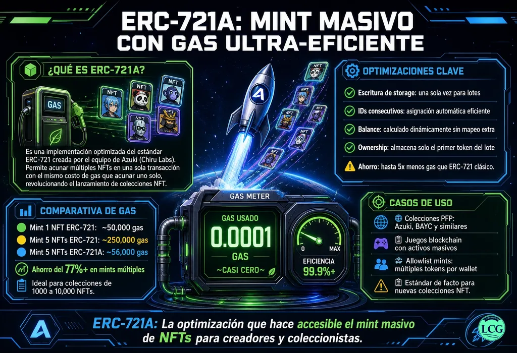 Infograf&iacute;a explicativa sobre Erc 721A en blockchain y crypto