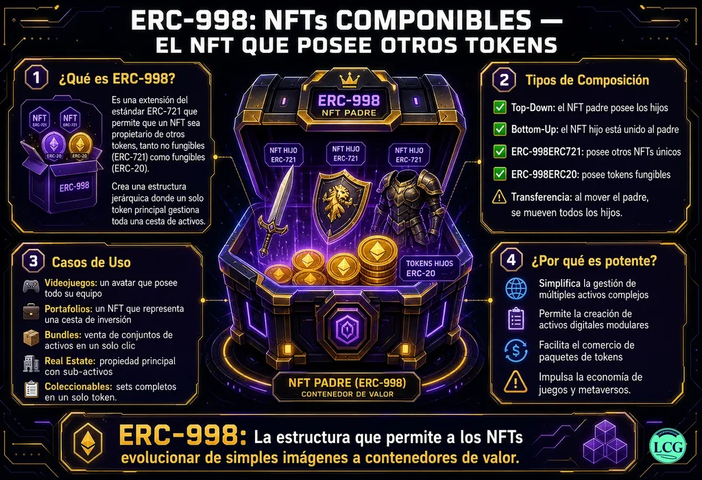 Infograf&iacute;a explicativa sobre Erc 998 en blockchain y crypto