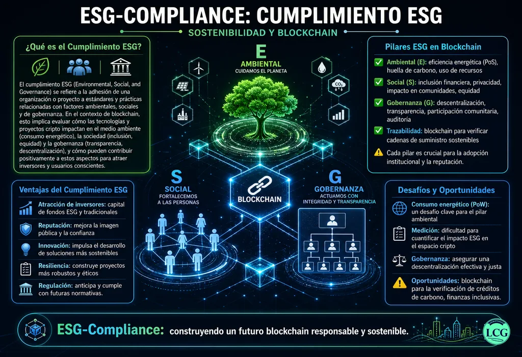 Infograf&iacute;a explicativa sobre Esg Compliance en blockchain y crypto