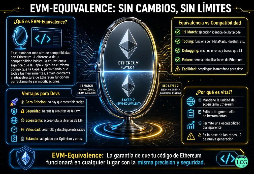 Infograf&iacute;a explicativa sobre Evm Equivalence en blockchain y crypto