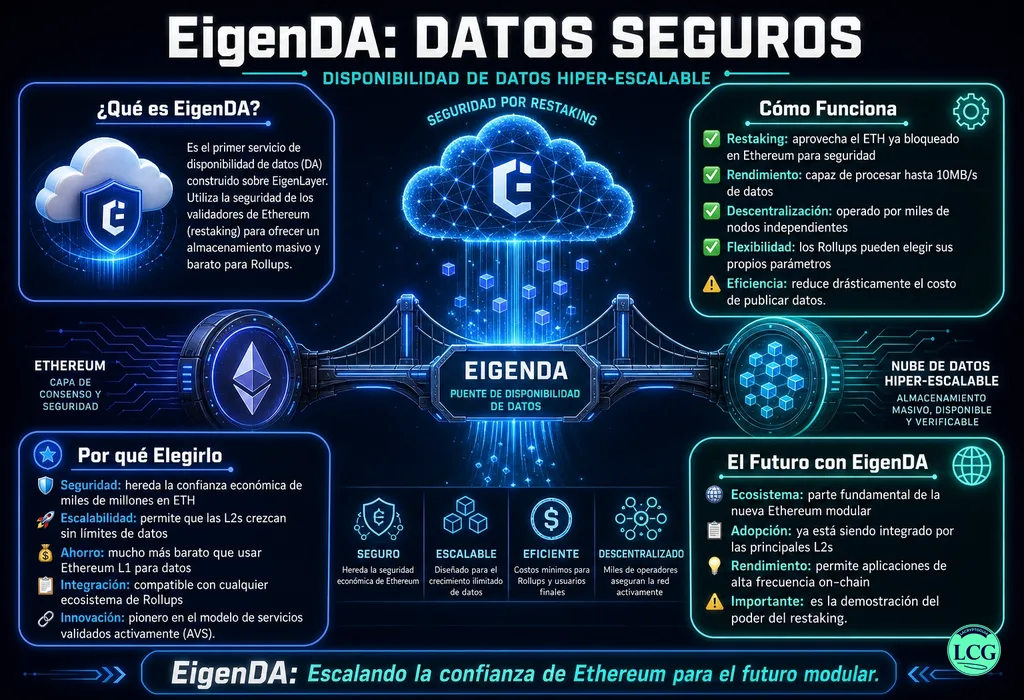 Infograf&iacute;a explicativa sobre Eigenda en blockchain y crypto