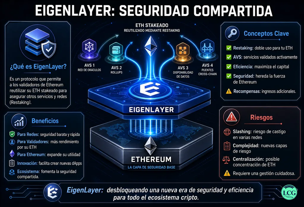 Infograf&iacute;a explicativa sobre Eigenlayer en blockchain y crypto