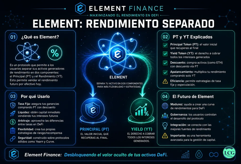 Infograf&iacute;a explicativa sobre Element Finance en blockchain y crypto