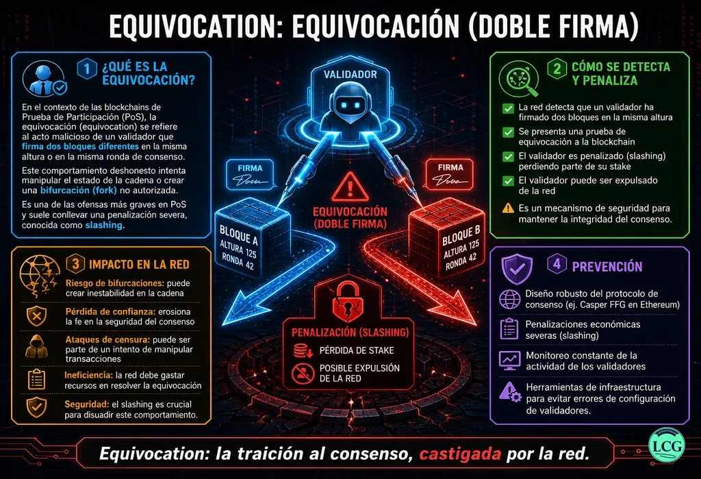 Infograf&iacute;a explicativa sobre Equivocation en blockchain y crypto