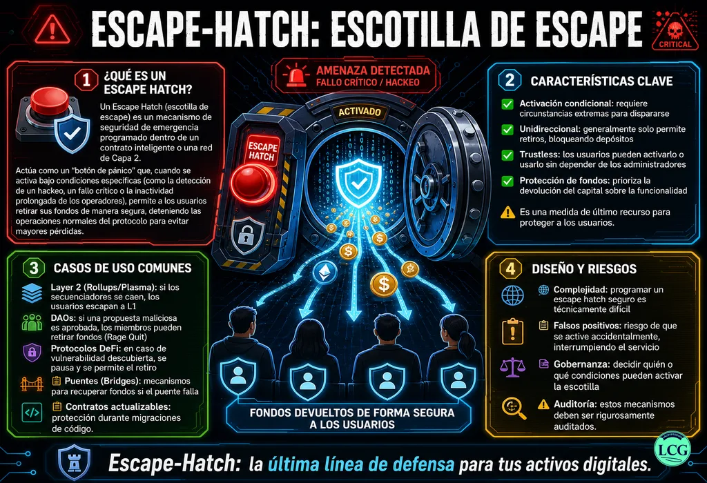 Infograf&iacute;a explicativa sobre Escape Hatch en blockchain y crypto