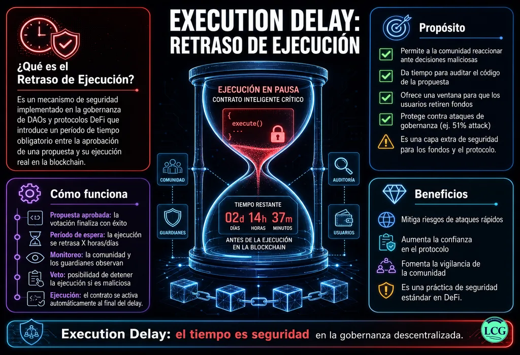 Infograf&iacute;a explicativa sobre Execution Delay en blockchain y crypto