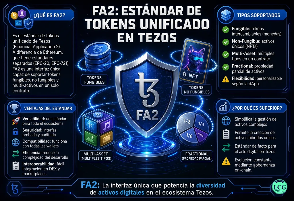 Infografía explicativa sobre Fa2 (Tezos) en blockchain y crypto