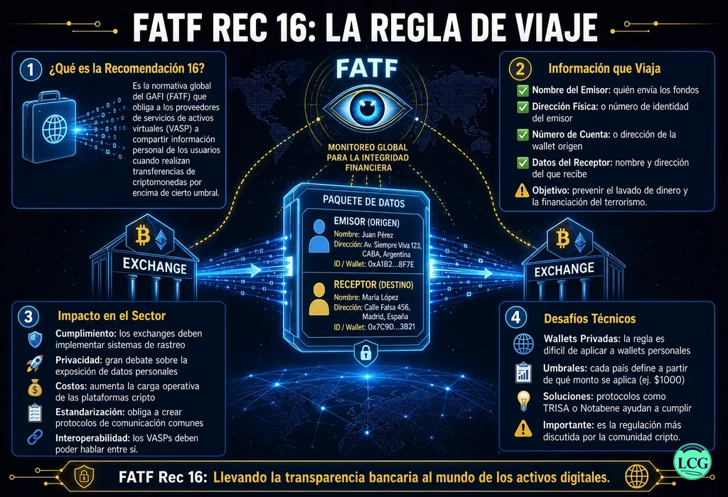 Infograf&iacute;a explicativa sobre Fatf Recommendation 16 en blockchain y crypto