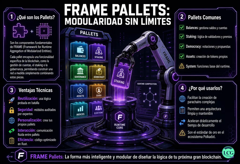 Infograf&iacute;a explicativa sobre Frame Pallets en blockchain y crypto