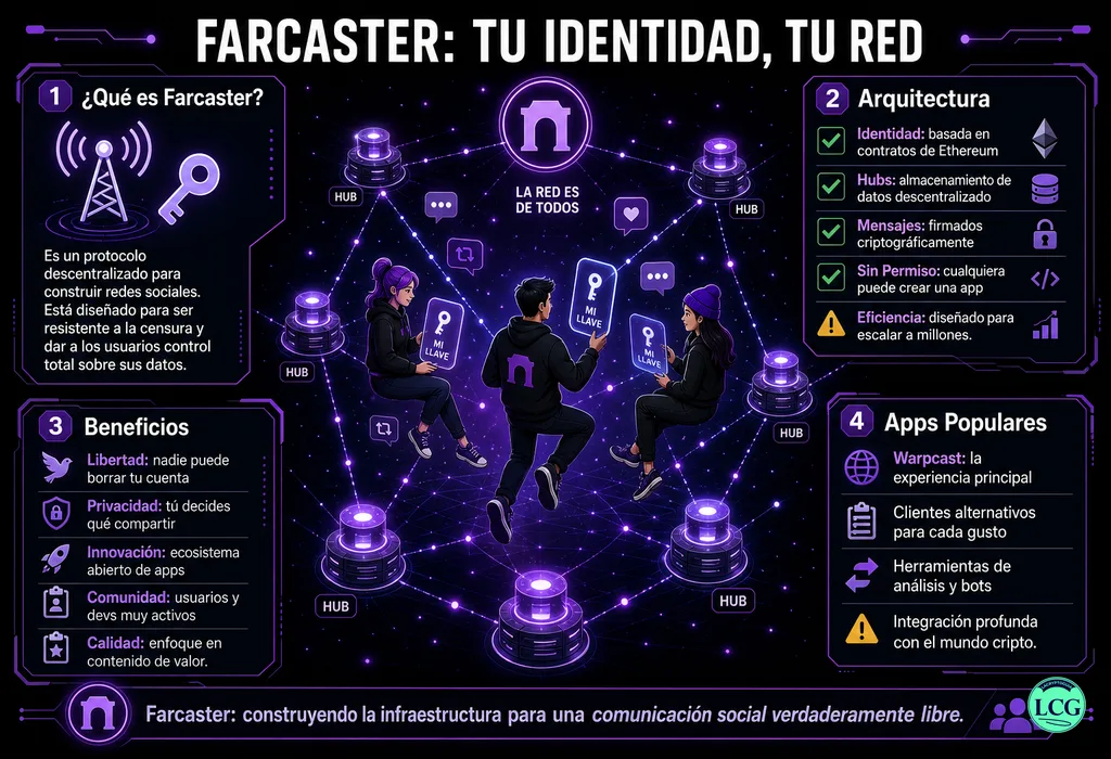 Infograf&iacute;a explicativa sobre Farcaster Protocol en blockchain y crypto