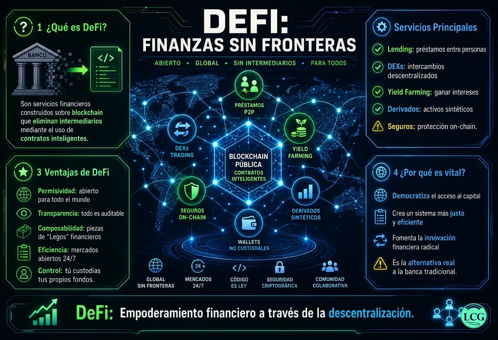 Infografía explicativa sobre Finanzas Defi en blockchain y crypto