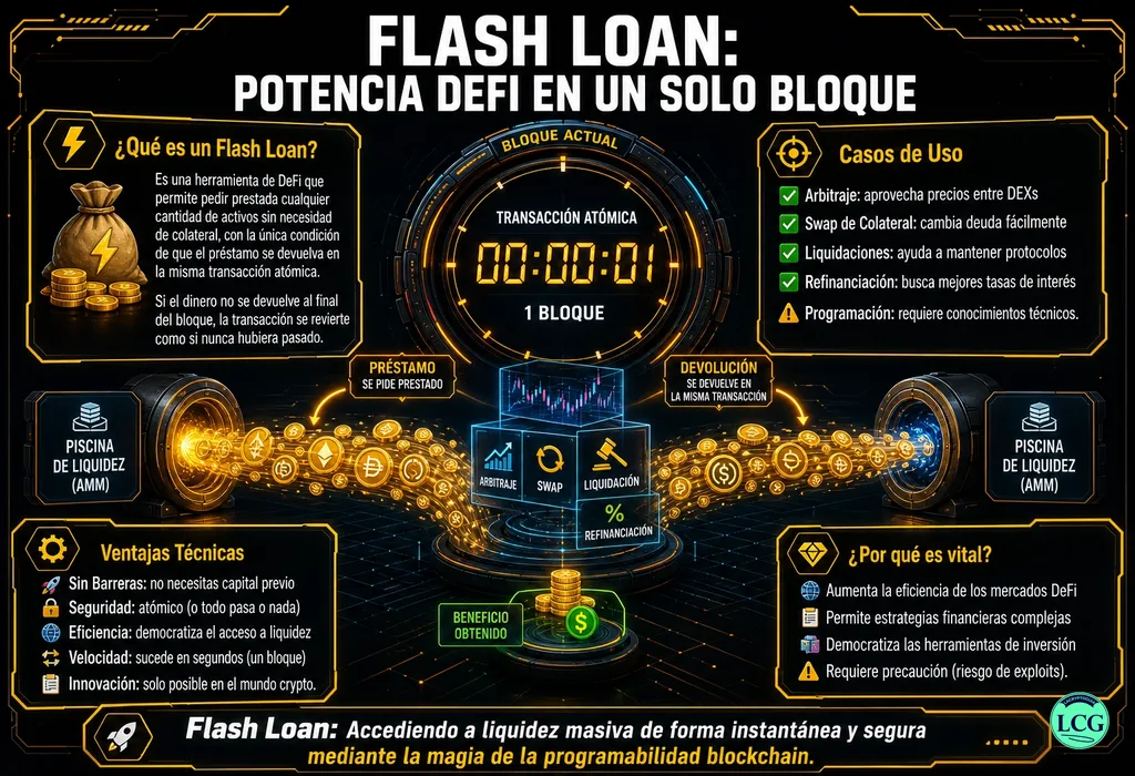 Infografía explicativa sobre Flash Loan en blockchain y crypto