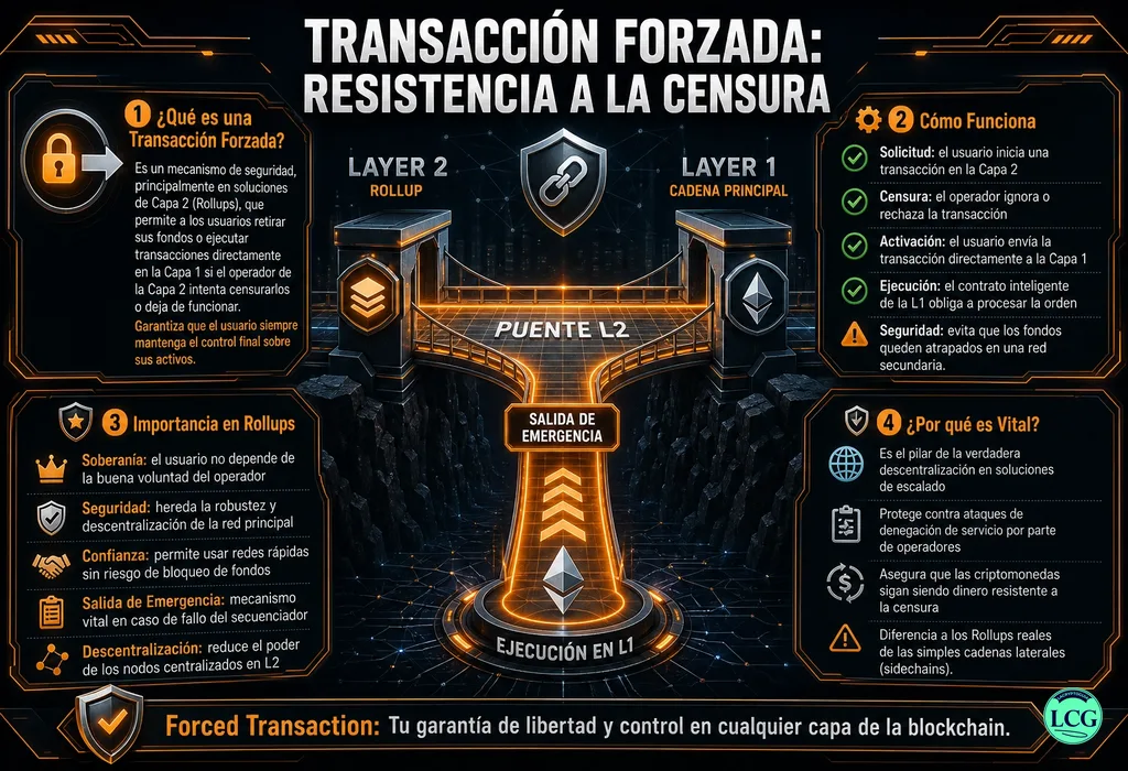Infograf&iacute;a explicativa sobre Forced Transaction en blockchain y crypto