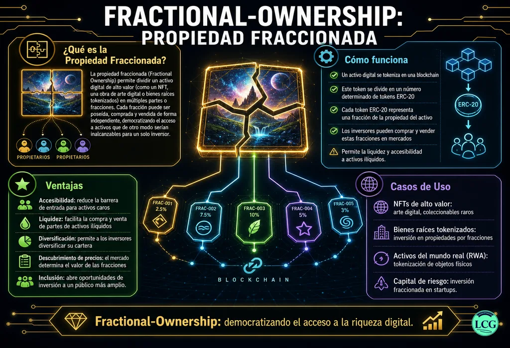 Infograf&iacute;a explicativa sobre Fractional Ownership en blockchain y crypto