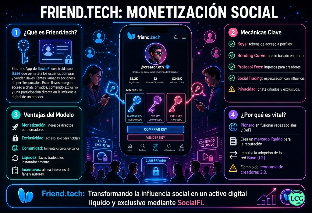 Infograf&iacute;a explicativa sobre Friend Tech en blockchain y crypto