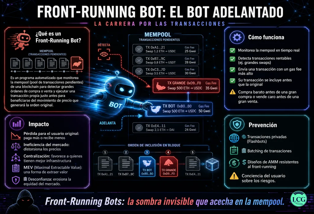 Infograf&iacute;a explicativa sobre Front Running Bot en blockchain y crypto
